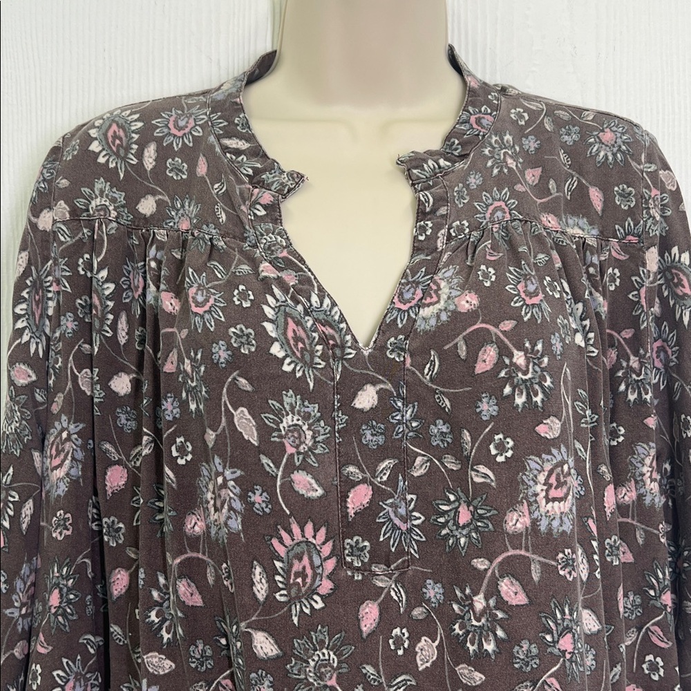 Natural Life - Colorful Burnt Out Floral V Neck Long Sleeve Bohemian Blouse Sm - Picture 8 of 13